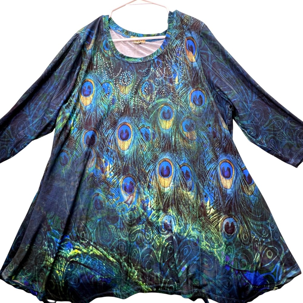 NEW One World Tunic Women XXL Peacock Print Rhinestone Embellished Boho Top